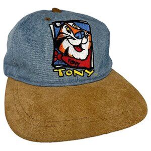 Vintage 1996 Kelloggs Tony The Tiger Hat Denim With Tan Suede Bill Mascot Blue